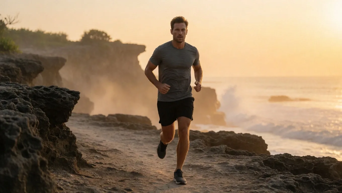 Active man running along a coastal trail at dawn