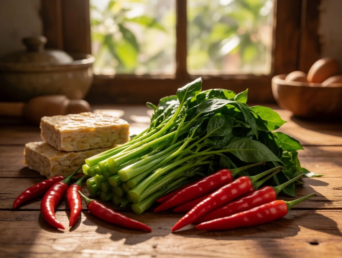 Fresh Indonesian vegetables and protein sources on a wooden table
