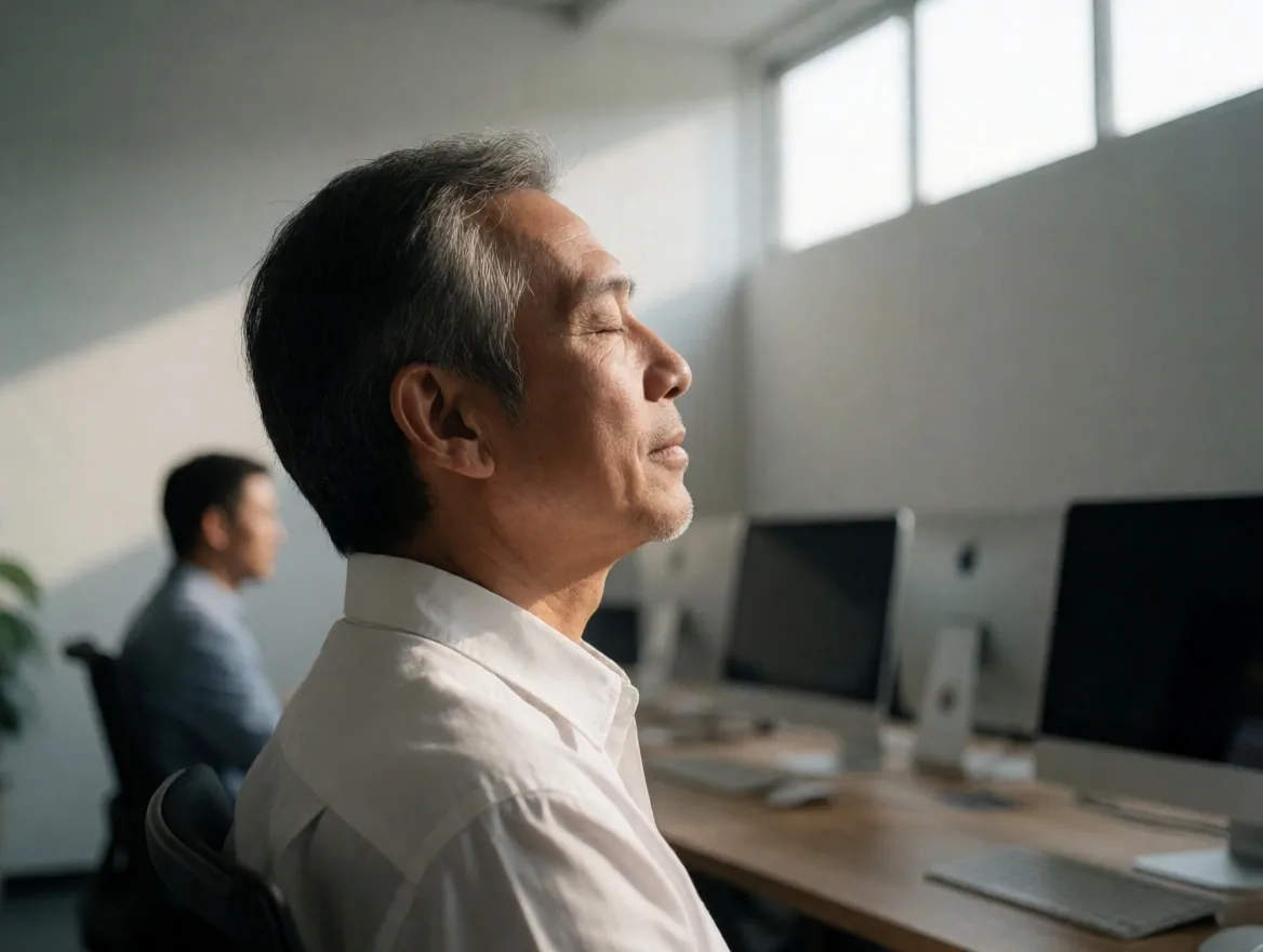 Man taking a mindful pause at his desk