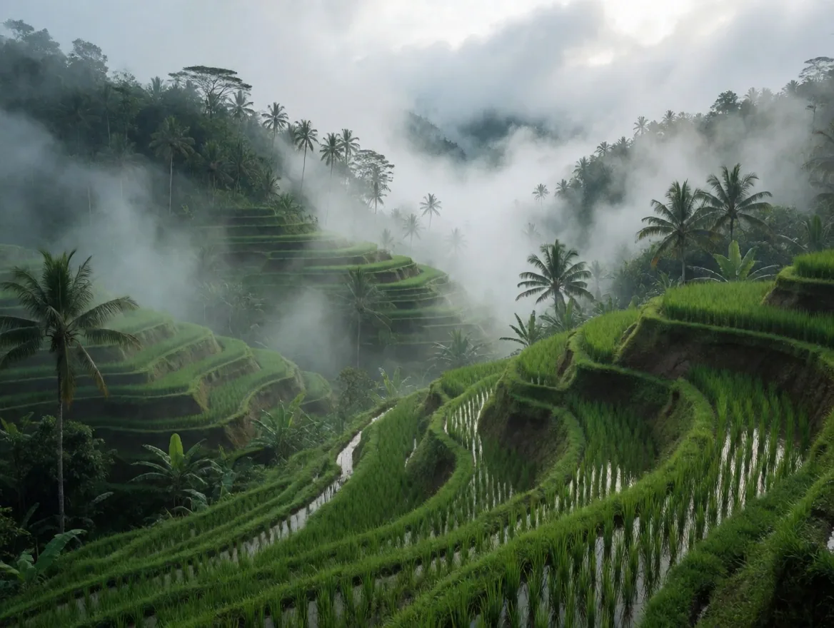 Misty rice terraces after rain