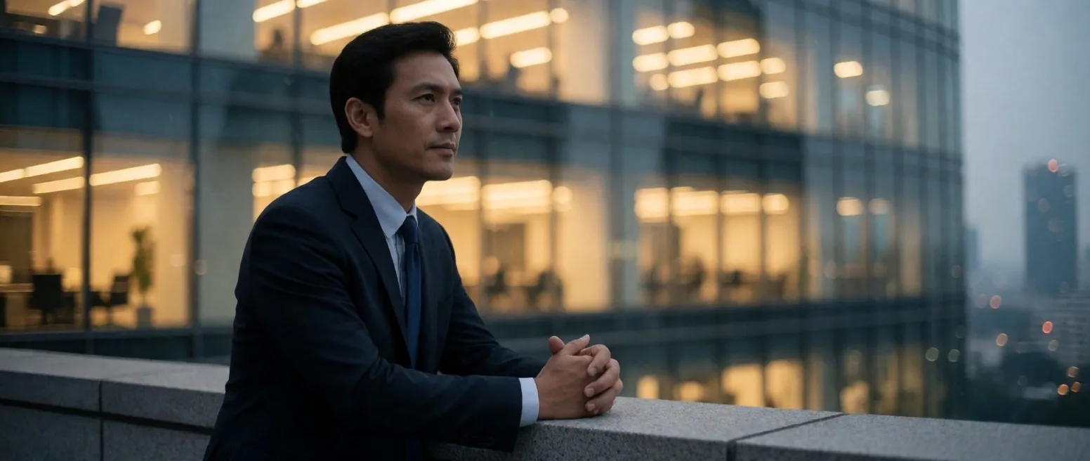 Indonesian professional man working at desk with warm light