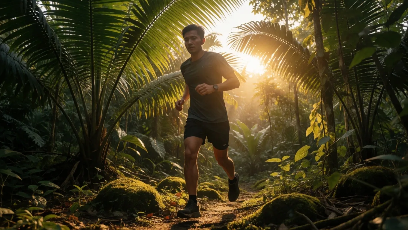 Man running through tropical jungle trail at golden hour