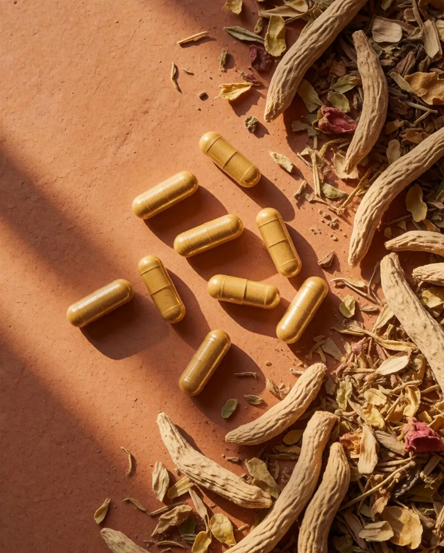 Natural supplement capsules and botanical ingredients on warm paper