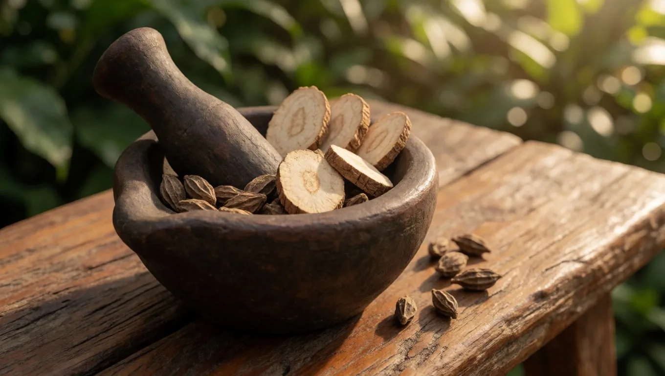 Dried herbal roots and tribulus in a mortar