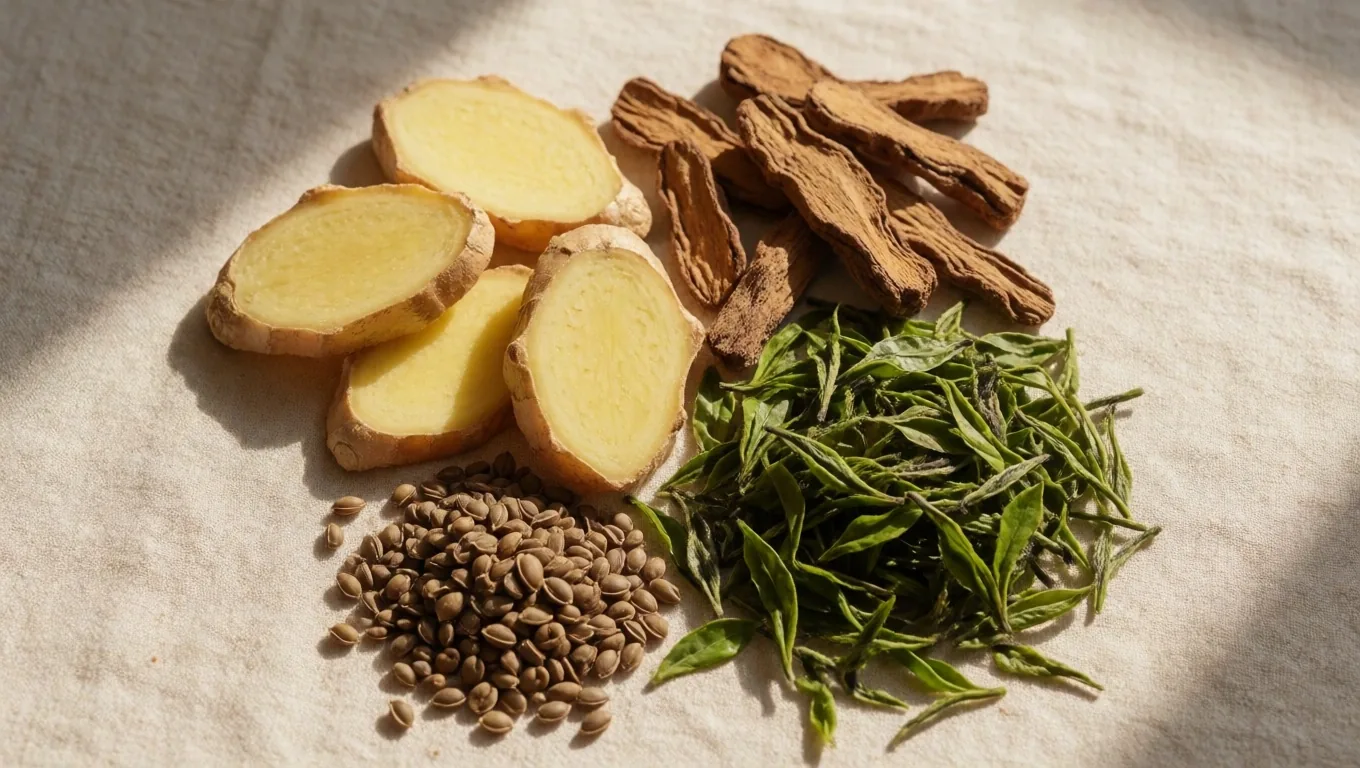 Natural botanical ingredients arranged on warm linen