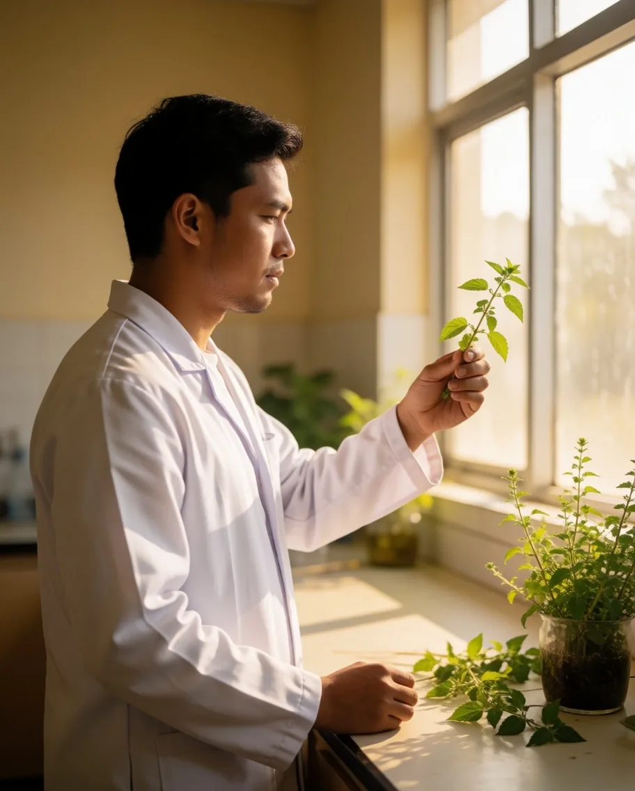 Nutrition researcher examining herbal ingredient samples