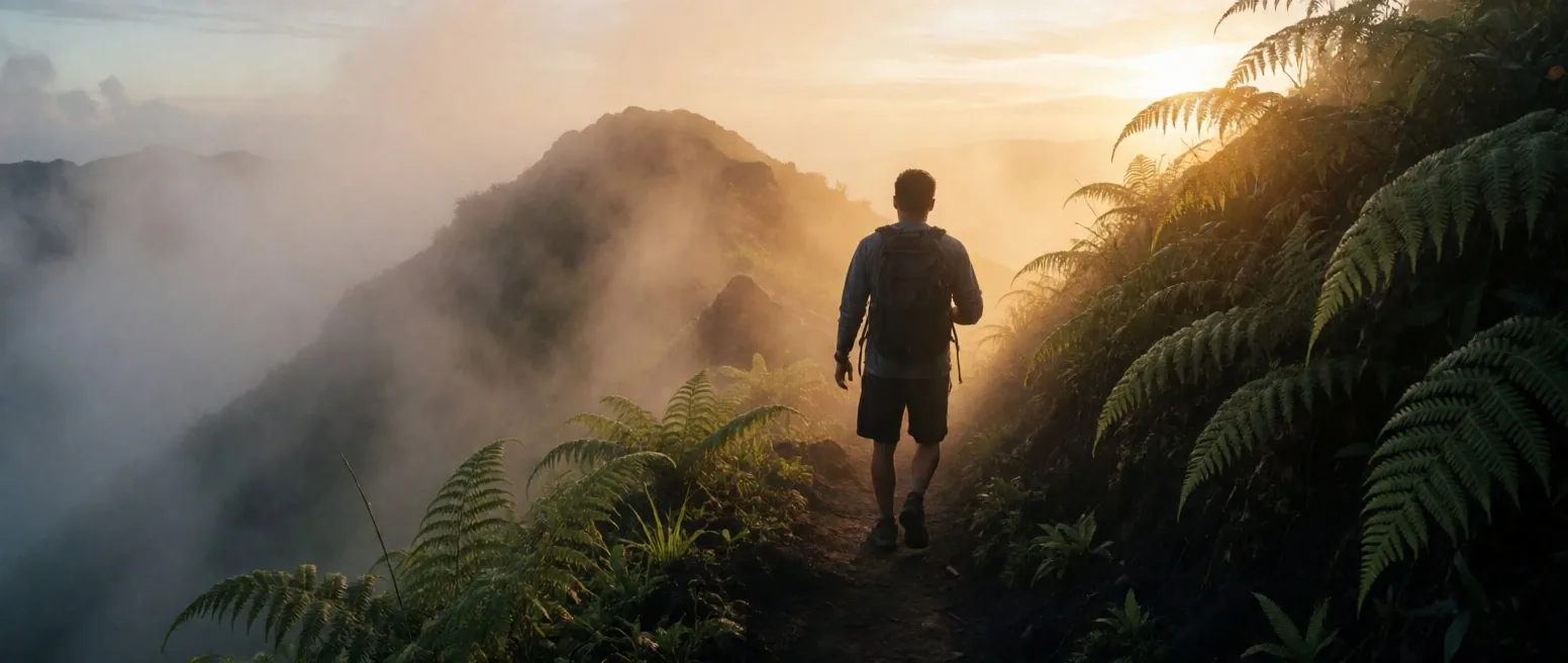 An active man hiking a mountain trail at dawn in Indonesia