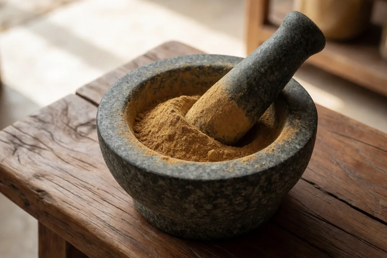 Ground herbal extract powder in a mortar and pestle