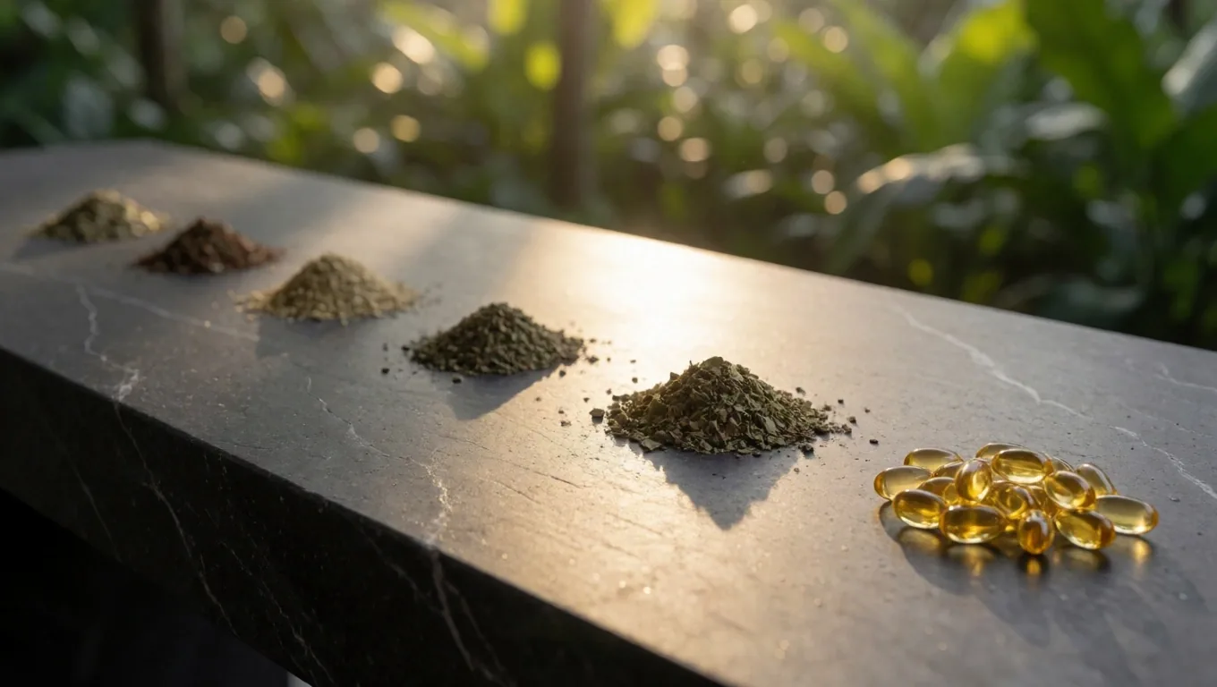 Natural supplement capsules arranged on a warm stone surface in golden light