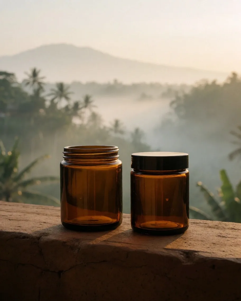 Supplement bottles and botanical roots on warm paper